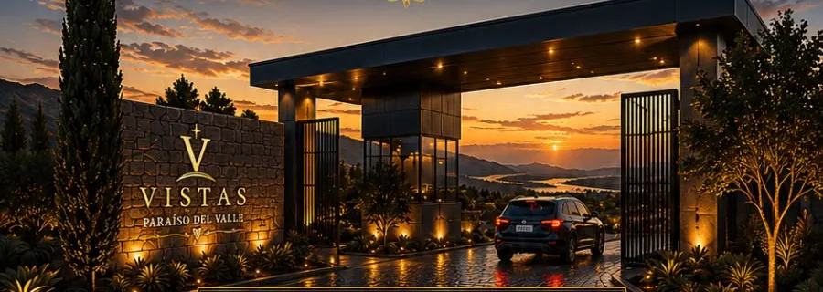 Acceso principal de Vistas Paraíso del Valle al atardecer, imagen conceptual